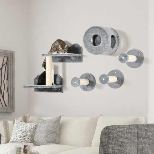 Certifiedcatlover 5PCs Cat Wall Shelves, Pet Wall-mounted Climbing Shelf Set, Kitten Activity Center With Condo, Cushion, Scratching Post, Jumping Platform, Brown
